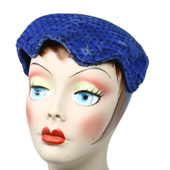 Vintage Blue Velvet Juliette Cap Cocktail Hat in Blue Velvet w Netting - Hey Viv - Picture 4 of 7